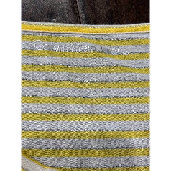 Calvin Klein Jeans Yellow White Striped Drape Neck 3/4 Sleeve Top Sz S - Picture 4 of 8